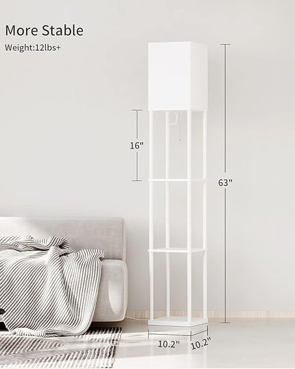 SUNMORY Shelf Floor Lamp with 3-Way Dimmable LED Bulb, Modern Square Standing Lamp with Shelves and White Shade, Corner Display Bookshelf Lamp for Living Room and Bedroom(White) - LeafyLoom