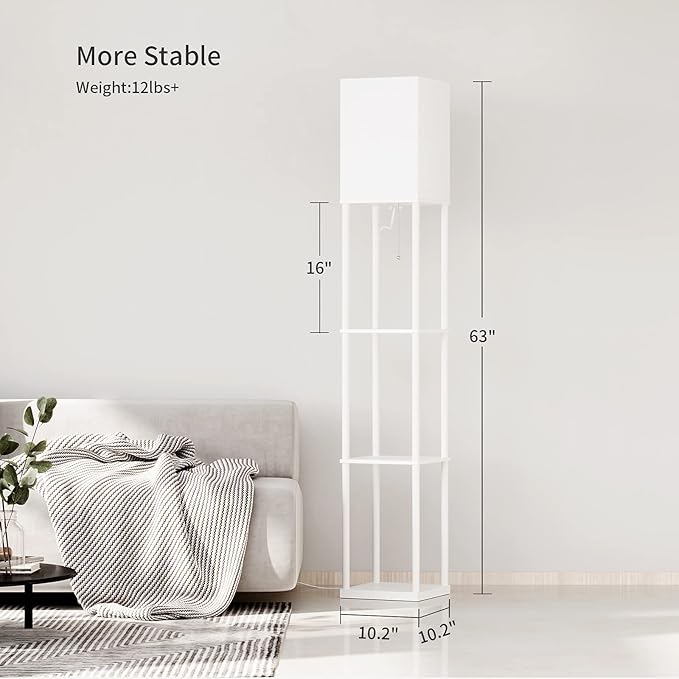 SUNMORY Shelf Floor Lamp with 3-Way Dimmable LED Bulb, Modern Square Standing Lamp with Shelves and White Shade, Corner Display Bookshelf Lamp for Living Room and Bedroom(White) - LeafyLoom