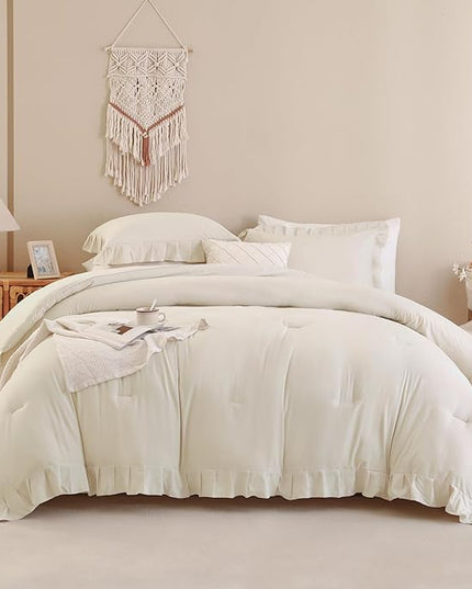 Andency Beige Cream California King Size Comforter Set, 3 Pieces Shabby Chic Ruffle Bedding Comforter Sets for Men Women, Soft Cozy Lightweight Fluffy Down Alternative Decorative Bed Set - LeafyLoom