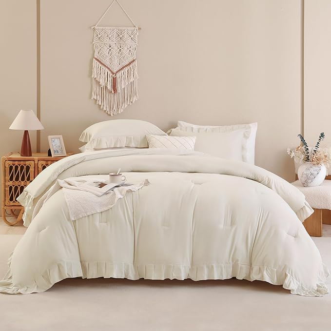 Andency Beige Comforter Set Full Size, 3 Pieces Solid Ruffle Vintage Rustic Soft Bedding Comforter Sets, All Season Lightweight Fluffy Soft Microfiber Bedding Set (79x90 Comforter & 2 Pillowcases) - LeafyLoom