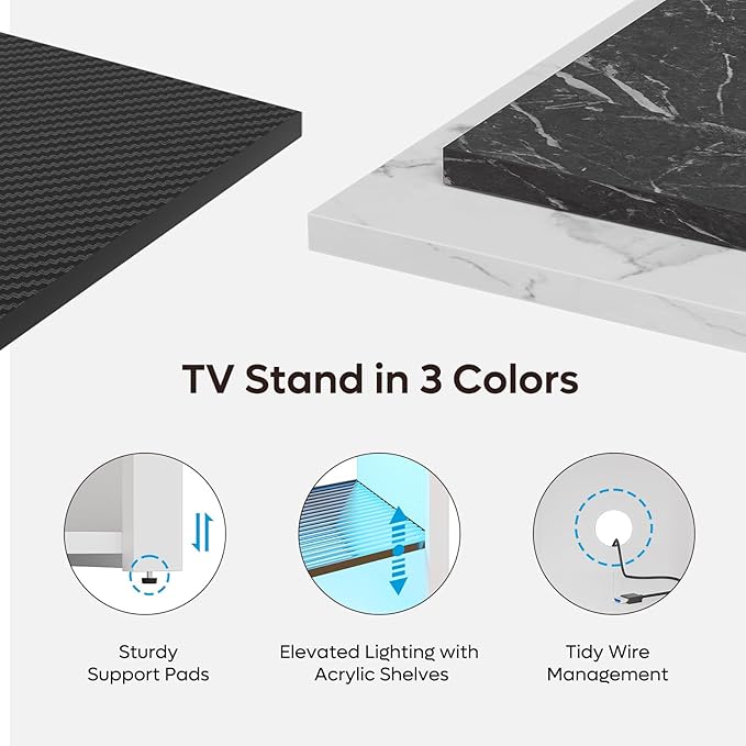 Bestier LED Tall Entertainment Center, 55 inch TV Stand for 55/60/65 inch TV, TV Console with Storage for PS5, Media TV Cabinet with Adjustable Shelf for Living Room, White Marble - LeafyLoom