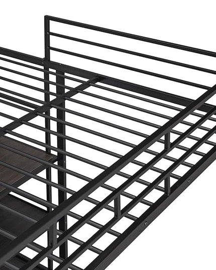 RITSU Full Size Loft Bed, Heavy Duty Metal Bunk Bedframe with Desk and Whiteboard, Safety Guardrail Fence & Ladder, 3 Big Storage Shelves, for Kids, Teens, Black - LeafyLoom