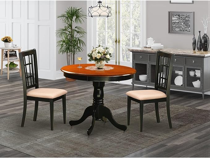 East West Furniture ANNI3-BLK-C 3 Piece Dining Set for Small Spaces Contains a Round Kitchen Table with Pedestal and 2 Linen Fabric Upholstered Chairs, 36x36 Inch, Black & Cherry - LeafyLoom