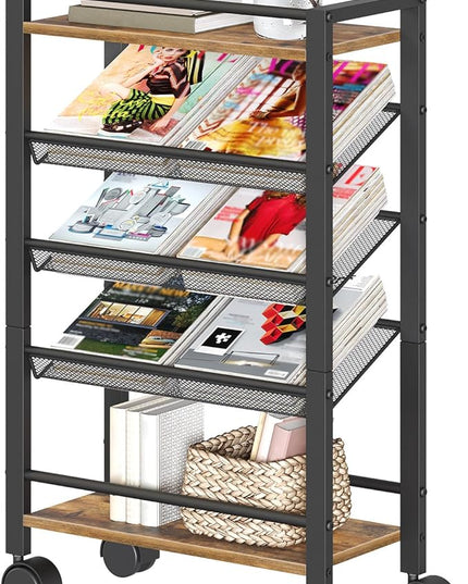 5 Tier Bookshelf, Metal Small Industrial Bookcase, Mobile Book Shelf Paper Cart with Wheels, Book Case Display Storage Shelf Organizer for Living Room, Home Office, Rustic Brown SJ01BR - LeafyLoom