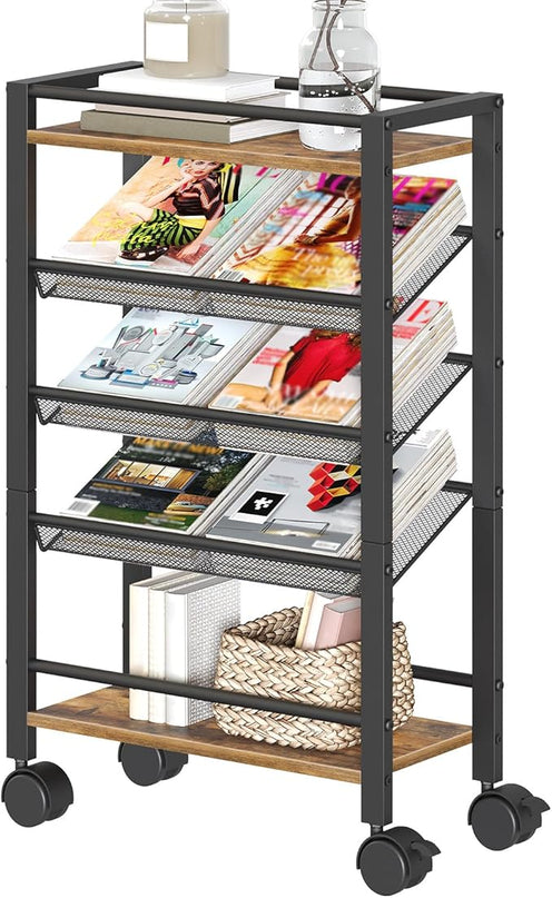 5 Tier Bookshelf, Metal Small Industrial Bookcase, Mobile Book Shelf Paper Cart with Wheels, Book Case Display Storage Shelf Organizer for Living Room, Home Office, Rustic Brown SJ01BR - LeafyLoom