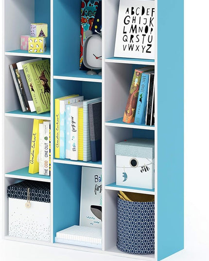 Furinno Luder Bookcase / Book / Storage , 11-Cube, White/Light Blue - LeafyLoom