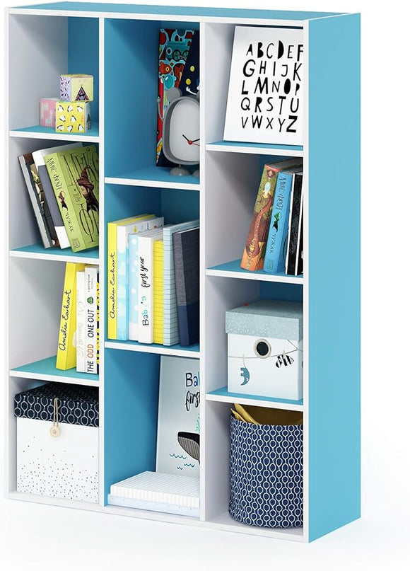 Furinno Luder Bookcase / Book / Storage , 11-Cube, White/Light Blue - LeafyLoom