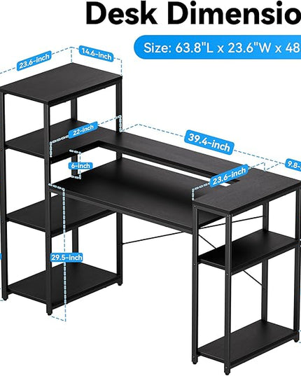 63-Inch Home Office Desk with Storage Shelves, Gaming Computer Desk with Monitor Stand and Printer Shelf for Study, Writing, PC Work - LeafyLoom