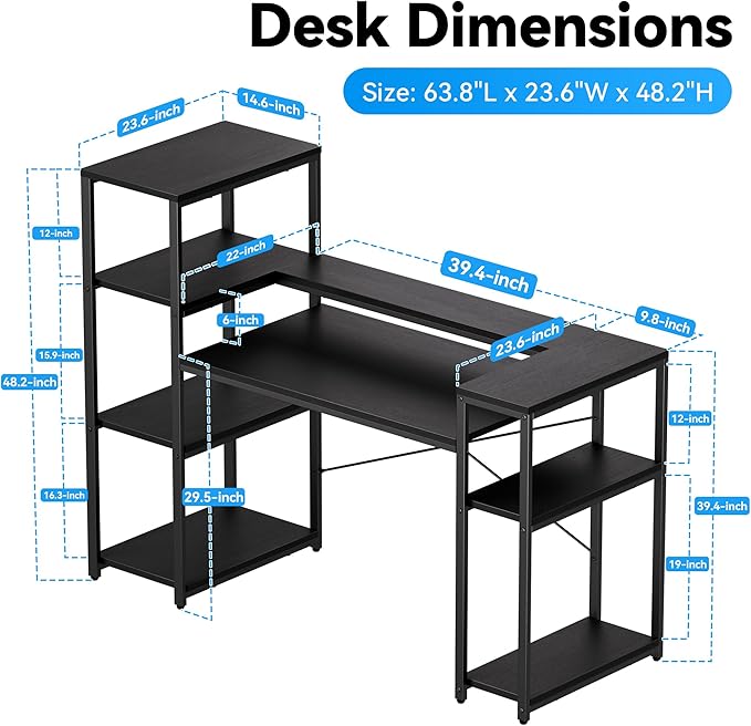 63-Inch Home Office Desk with Storage Shelves, Gaming Computer Desk with Monitor Stand and Printer Shelf for Study, Writing, PC Work - LeafyLoom