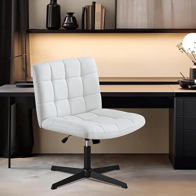 Furniliving Office Desk Chair No Wheels, Criss Cross Legged Office Desk Chair Height Armless Adjustable Wide Home Chair with Mid Back PU-Padded Swivel Accent Vanity Chairs,White - LeafyLoom