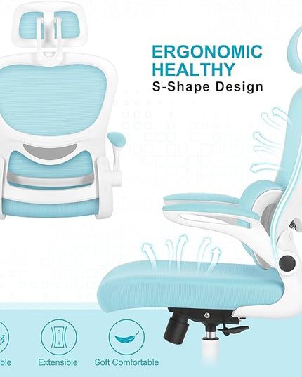 Misolant Ergonomic Office Chair, Desk Chair with Lumbar Support, Mesh Office Chair, Ergonomic Chair with Adjustable Headrest and Armrest,Comfortable Office Chair for Home Blue - LeafyLoom