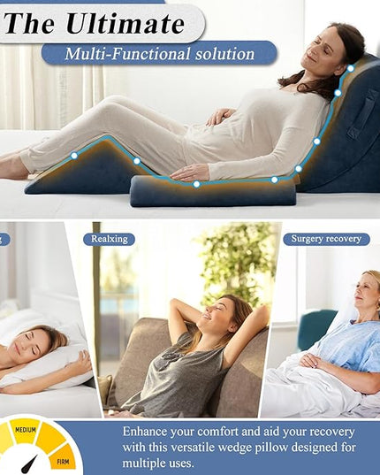 Axelrod Orthopedic Bed Wedge Pillow Set, Post Surgery Foam for Back, Neck and Leg Pain Relief Comfortable & Adjustable Ortho Pillows- Anti Snoring, Heartburn, Acid Reflux & GERD Sleeping Indigo - LeafyLoom