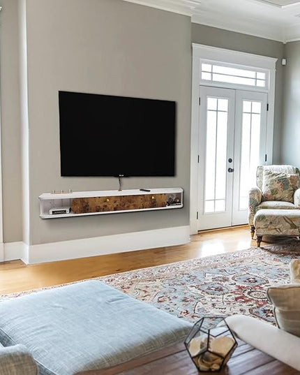 Floating TV Unit, 59'' Wall Mounted TV Cabinet, Floating Shelves with Door & Drawer, Farmhouse Entertainment Media Console Center Large Storage TV Bench for Living Room (59IN, Rustic Brown) - LeafyLoom