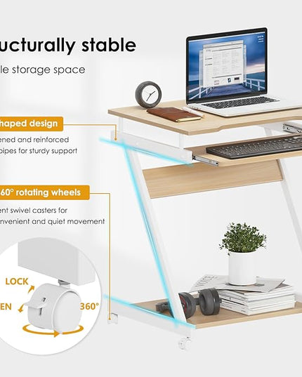 sogesfurniture Mobile Computer Desk Small Rolling Office Table Workstation with Printer Shelf and Keyboard Tray, Space-Saving Computer Desk with Storage Shelf for Home and Office (Maple) - LeafyLoom