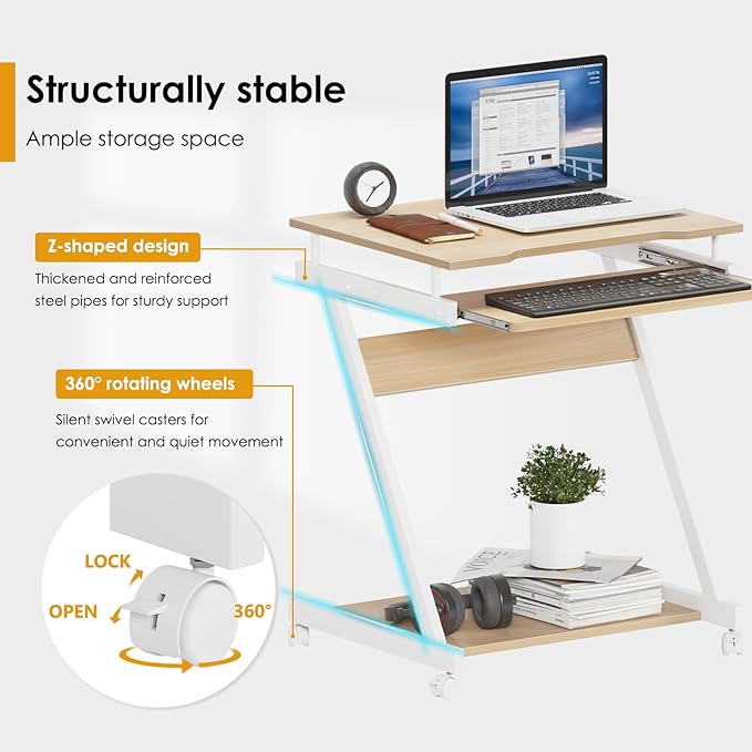 sogesfurniture Mobile Computer Desk Small Rolling Office Table Workstation with Printer Shelf and Keyboard Tray, Space-Saving Computer Desk with Storage Shelf for Home and Office (Maple) - LeafyLoom