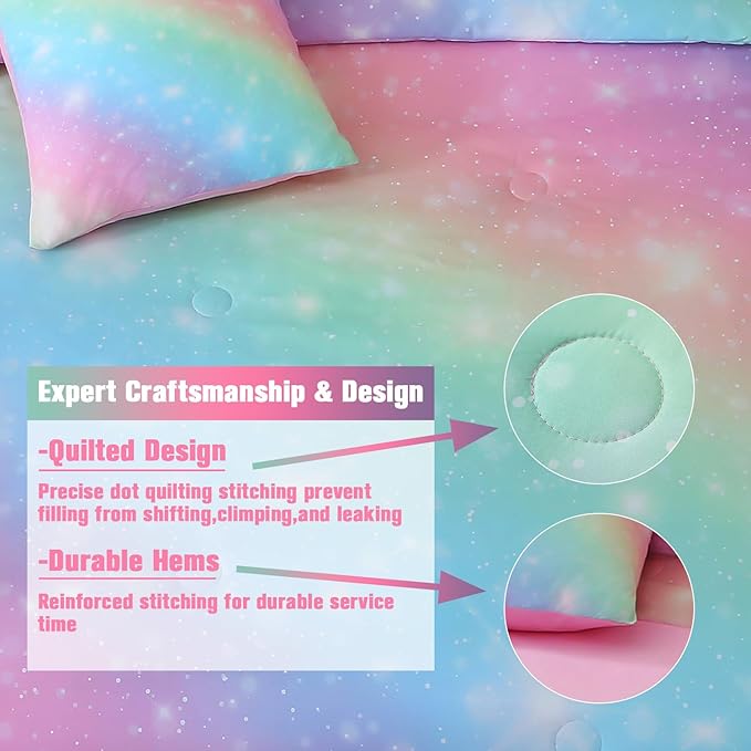 JQinHome Glitter Bedding Set Twin Size,6 Piece Bed in A Bag 3D Colorful Rainbow Galaxy Comforter Set for Girls Kids-All Season Microfiber Tie-Dye Bedding Sets(Rainbow) - LeafyLoom