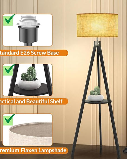 LEPOWER Tripod Floor Lamp, Mid Century Wood Standing Lamp, Modern Design Shelf Floor Lamp for Living Room, Bedroom, Office, Flaxen Lamp Shade with E26 Lamp Base Black - LeafyLoom