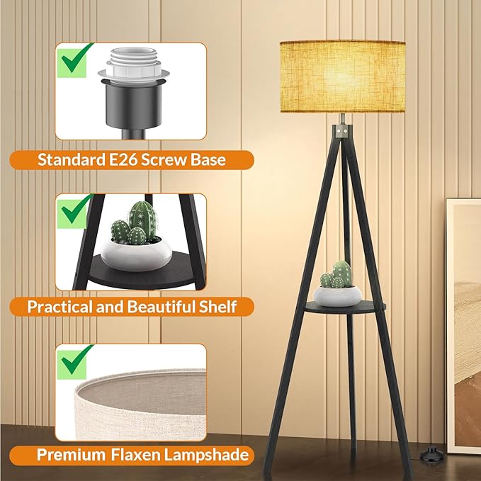 LEPOWER Tripod Floor Lamp, Mid Century Wood Standing Lamp, Modern Design Shelf Floor Lamp for Living Room, Bedroom, Office, Flaxen Lamp Shade with E26 Lamp Base Black - LeafyLoom