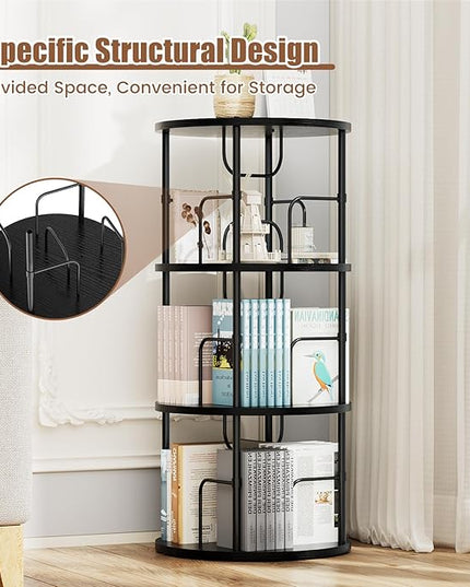 Rotating Bookshelf, 3 Tier Round Revolving Bookcase with Special Visible Partition Storage, 360° Display Spinning Bookshelf Tower Storage Organizer Rack for Bedroom, Living Room, Small Space, Black - LeafyLoom