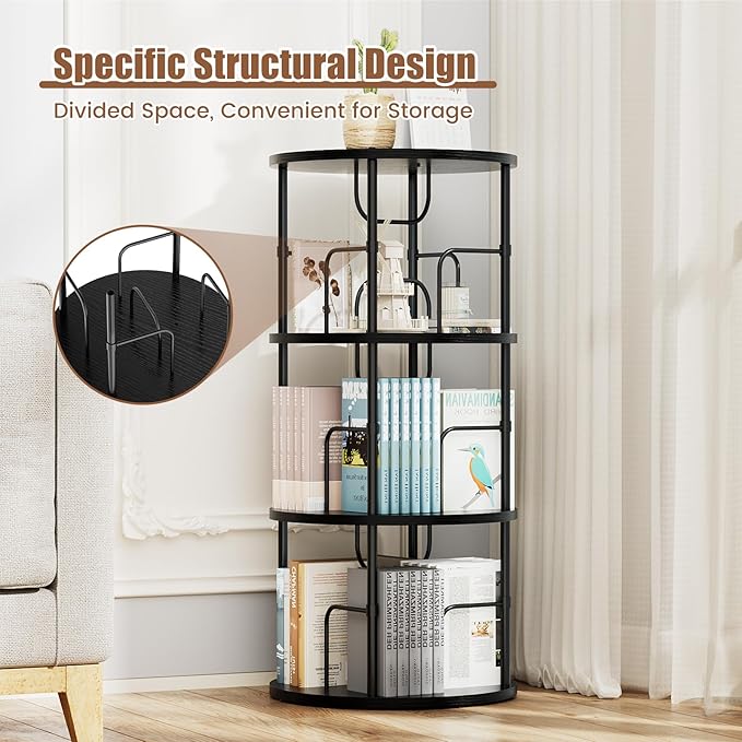Rotating Bookshelf, 3 Tier Round Revolving Bookcase with Special Visible Partition Storage, 360° Display Spinning Bookshelf Tower Storage Organizer Rack for Bedroom, Living Room, Small Space, Black - LeafyLoom