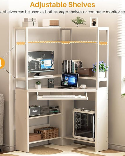 Cyclysio Small Corner Desk with Hutch, Heavy Duty Corner Computer Desk with Power Outlets & LED Light, Triangle Corner Gaming Desk with Keyboard Tray for Home Office, Small Space, Workstation White - LeafyLoom