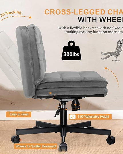 COMHOMA Criss Cross Chair with Wheels, Armless Wide Cross Legged Office Chair Mid Back, Modern Home Office Desk Chair Swivel Adjustable Vanity Computer Chair, Gray Velvet - LeafyLoom