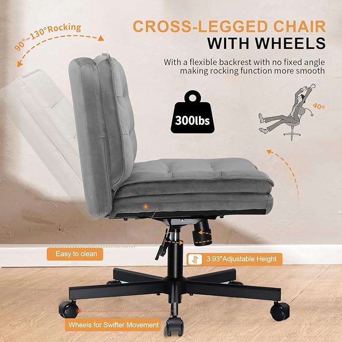 COMHOMA Criss Cross Chair with Wheels, Armless Wide Cross Legged Office Chair Mid Back, Modern Home Office Desk Chair Swivel Adjustable Vanity Computer Chair, Gray Velvet - LeafyLoom