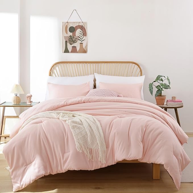 ROSGONIA Comforter Full Size for Girls Boys Teens Blush, 3pcs(1 Boho Pink Comforter & 2 Pillowcases) Lightweight Dorm Bedding Soft All Season Bed Set - LeafyLoom