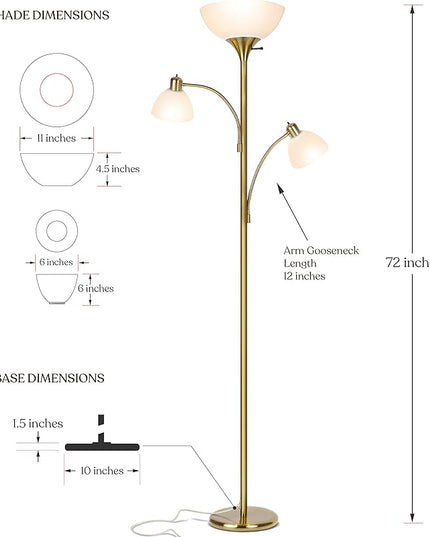 Brightech Sky Dome Double LED Floor lamp, Torchiere Super Bright Floor Lamp with 2 Reading Lamps for Living Rooms & Offices - Dimmable Tall Standing Lamp for Bedroom Reading - Tall Brass Pole - LeafyLoom
