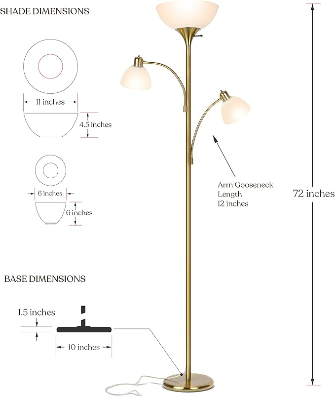 Brightech Sky Dome Double LED Floor lamp, Torchiere Super Bright Floor Lamp with 2 Reading Lamps for Living Rooms & Offices - Dimmable Tall Standing Lamp for Bedroom Reading - Tall Brass Pole - LeafyLoom
