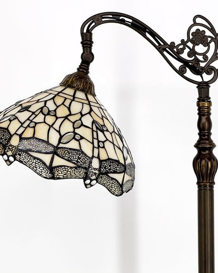WERFACTORY Tiffany Floor Lamp Cream Stained Glass Dragonfly Arched Lamp 12X18X64 Inches Gooseneck Adjustable Corner Standing Reading Light Decor Bedroom Living Room S139 Series - LeafyLoom