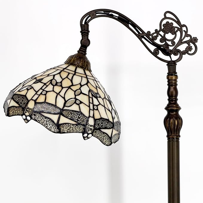 WERFACTORY Tiffany Floor Lamp Cream Stained Glass Dragonfly Arched Lamp 12X18X64 Inches Gooseneck Adjustable Corner Standing Reading Light Decor Bedroom Living Room S139 Series - LeafyLoom