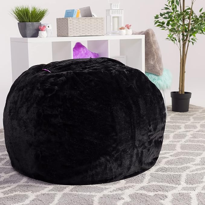 Posh Creations Bean Bag Chair for Kids, Teens, and Adults Includes Removable and Machine Washable Cover, Soft Faux Rabbit Fur - Black, 48in - X-Large - LeafyLoom