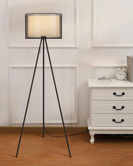 KDG Modern Floor Lamp for Living Room, Tall Tripod Floor Lamp Corner Lighting, Fabric Lampshade LED Bulb Bright Pole Light, High Light for Bedroom, Reading, Office, Study Room, Warm Light(Black) - LeafyLoom