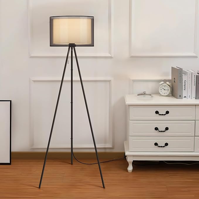 KDG Modern Floor Lamp for Living Room, Tall Tripod Floor Lamp Corner Lighting, Fabric Lampshade LED Bulb Bright Pole Light, High Light for Bedroom, Reading, Office, Study Room, Warm Light(Black) - LeafyLoom