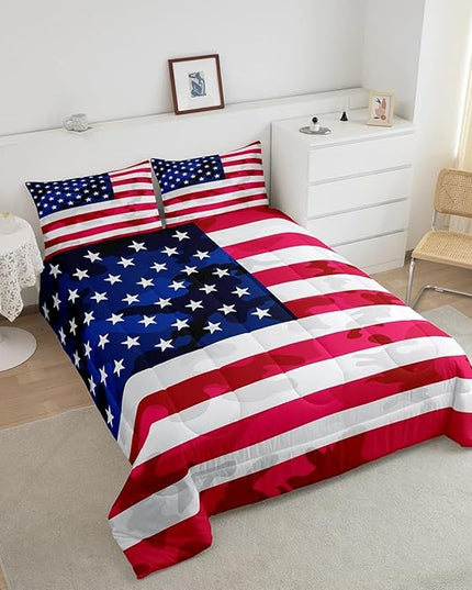 American Flag Bedding Set Camouflage USA Flag Comforter Set Army Camo Flag Comforter Blue Red and White Stars Down Alternative Comforter for All Season Room Decor Full Size - LeafyLoom
