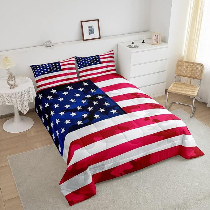 American Flag Bedding Set Camouflage USA Flag Comforter Set Army Camo Flag Comforter Blue Red and White Stars Down Alternative Comforter for All Season Room Decor Full Size - LeafyLoom