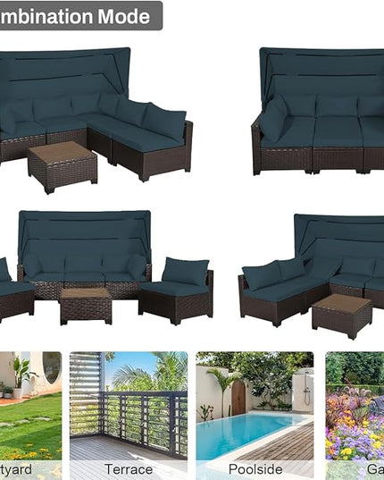 6 PCS Outdoor Patio Furniture Set,Sectional Sofa Set,Rattan Daybed with Retractable Canopy,Adjustable Backrest,Storage Coffee Table,Chaise Chair Sunbed for Garden Poolside Backyard(Sky Blue) - LeafyLoom
