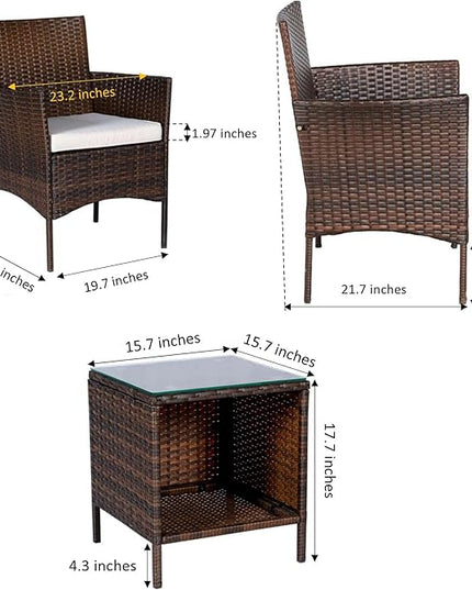 BTEXPERT Outdoor Wicker Conversation 3 Piece Bistro Garden Patio Yard Porch Furniture Space Saving Pe Rattan Two Chairs Cushions Side Storage Glass Table Brown/Beige 3pc Set, OneSize - LeafyLoom