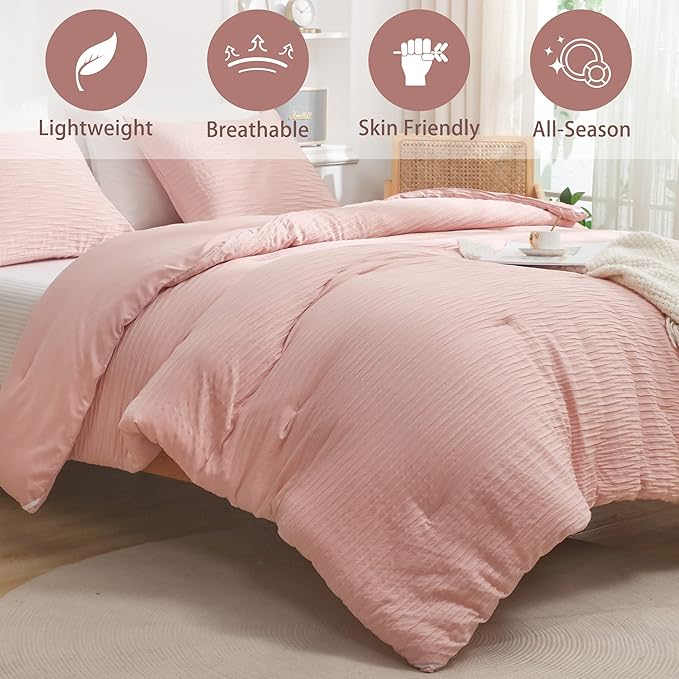Blush Seersucker Comforter Set Twin Size (66x90 in), 2 Pieces Soft Crinkled Textured Comforter with 1 Pillowcase, Lightweight Microfiber Down Alternative Bedding Set for All Season - LeafyLoom