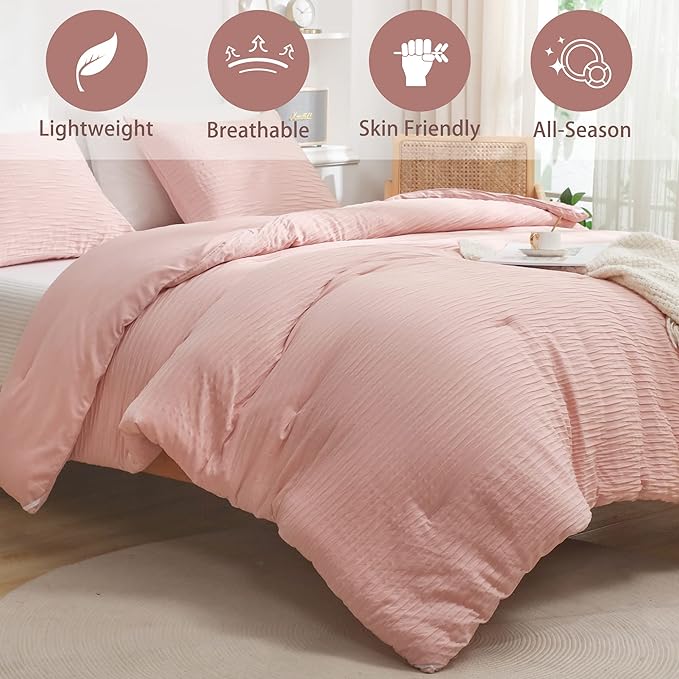 Blush Seersucker Comforter Set King Size (104x90 in), 3 Pieces Soft Crinkled Textured Comforter with 2 Pillowcases, Lightweight Microfiber Down Alternative Bedding Set for All Season - LeafyLoom