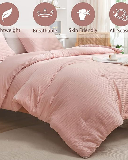 Blush Seersucker Comforter Set Full Size (79x90 in), 3 Pieces Soft Crinkled Textured Comforter with 2 Pillowcases, Lightweight Microfiber Down Alternative Bedding Set for All Season - LeafyLoom