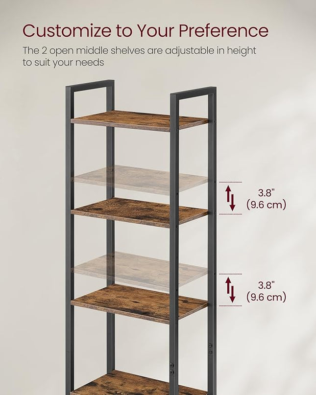 VASAGLE 6-Tier Bookshelf, Tall Bookcase with Door, Steel Frame, Adjustable Shelves, 9.4 x 15.7 x 62.8 Inches, Living Room Bedroom, Rustic Brown and Ink Black ULLS132K01 - LeafyLoom