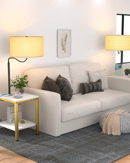 LED Floor Lamp with Table - End Table with Power Outlet and USB Charging Port, Bedside Nightstand Shelf, Side Table with Standing Light for Living Room, Bedroom, Bulb Included, White, 2 Pack - LeafyLoom