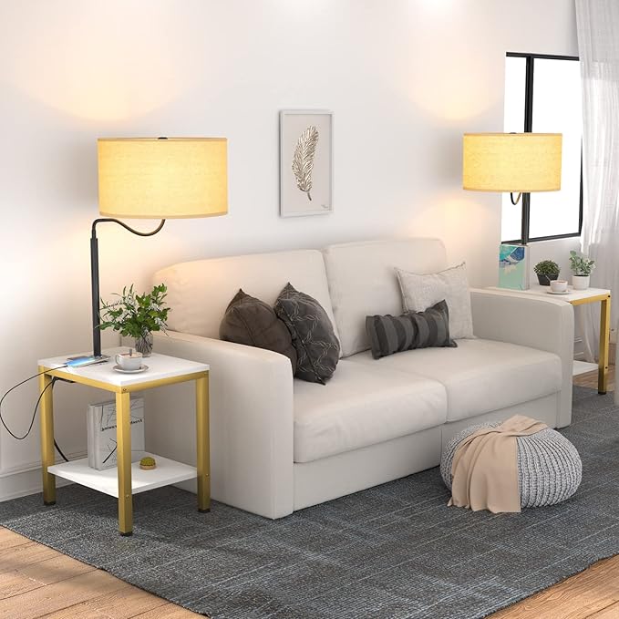 LED Floor Lamp with Table - End Table with Power Outlet and USB Charging Port, Bedside Nightstand Shelves, Side Table with Reading Standing Light for Living Room, Bedroom, Bulb Included, White - LeafyLoom