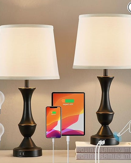 Luvkczc Table Lamps for Bedrooms Set of 2, Touch Bedside Lamps with USB C+A Ports, 3-Way Dimmable White Nightstand lamps, Bed lamp for Reading, Office, Bulbs Included - LeafyLoom
