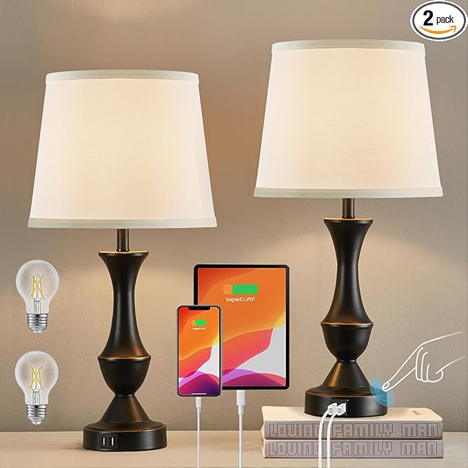 Luvkczc Table Lamps for Bedrooms Set of 2, Touch Bedside Lamps with USB C+A Ports, 3-Way Dimmable White Nightstand lamps, Bed lamp for Reading, Office, Bulbs Included - LeafyLoom