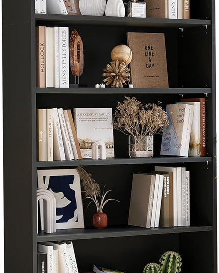 Farini 5 shelf boockase Display Bookcase Freestanding Wooden Bookshelves for Home Office Living Room,60 Inch Height,Black - LeafyLoom