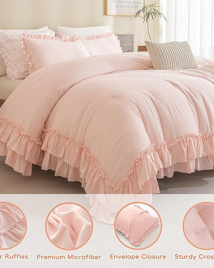 Shabby Ruffled King Comforter Set,Farmhouse Blush Pink Bedding Comforter Lightweight Ultra Soft Vintage French Country Microfiber Comforter 3pc (1 Ruffle Comforter and 2 Pillowcases) - LeafyLoom