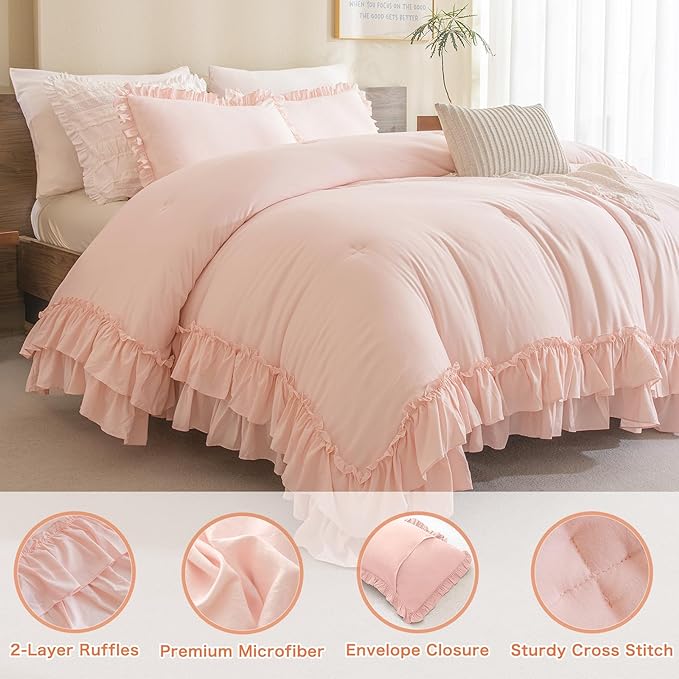 Shabby Ruffled King Comforter Set,Farmhouse Blush Pink Bedding Comforter Lightweight Ultra Soft Vintage French Country Microfiber Comforter 3pc (1 Ruffle Comforter and 2 Pillowcases) - LeafyLoom